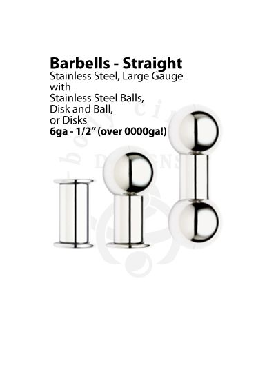Large Gauge Straight Barbells - 316LVM Stainless Steel
