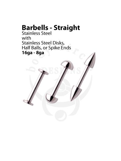 Straight Barbells - 316LVM Stainless Steel with Half-Balls, Spikes, or Disks