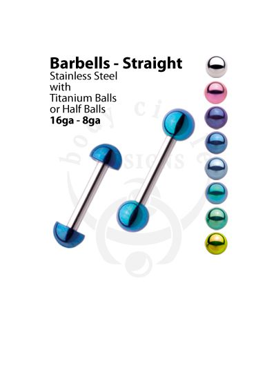 Straight Barbells - 316LVM Stainless Steel with Titanium Ball or Half Ball