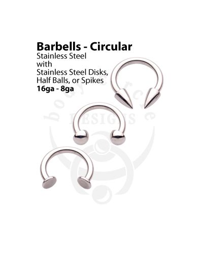 Circular Barbells - 316LVM Stainless Steel with Half Balls, Spikes, or Disks