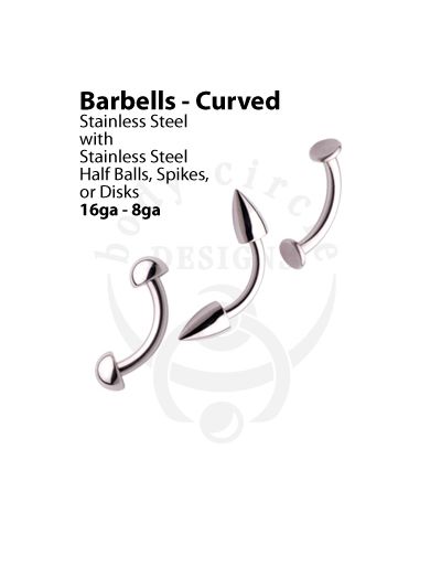 Curved Barbells - 316LVM Stainless Steel with Half Balls, Spikes, or Disks