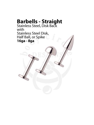 Disk Back Labret Barbells - 316LVM Stainless Steel with a Half Ball, Spike or Disk End
