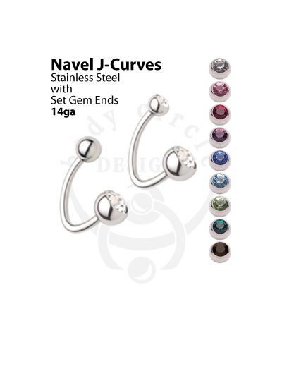 Navel J-Curves - 316LVM Stainless Steel with Set Gem Ends