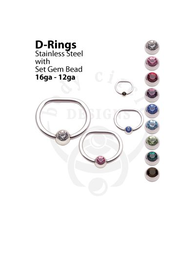 D-Rings - 316LVM Stainless Steel with Set Gem Bead
