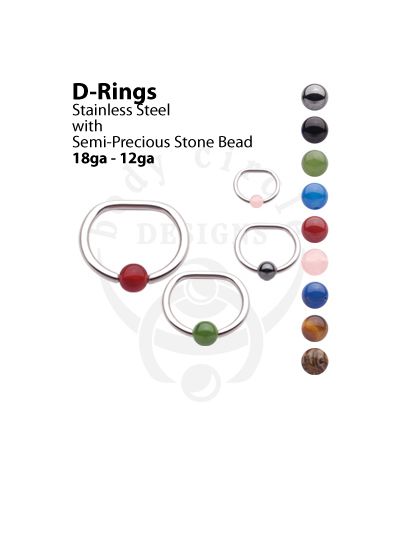 D-Rings - 316LVM Stainless Steel with Semiprecious Stone Bead