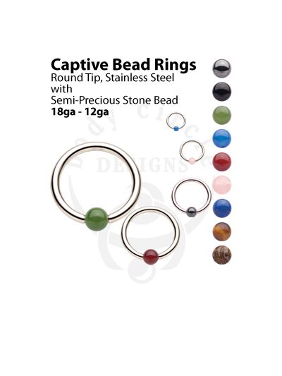 Captive Bead Rings - 316LVM Stainless Steel with Semiprecious Stone Bead
